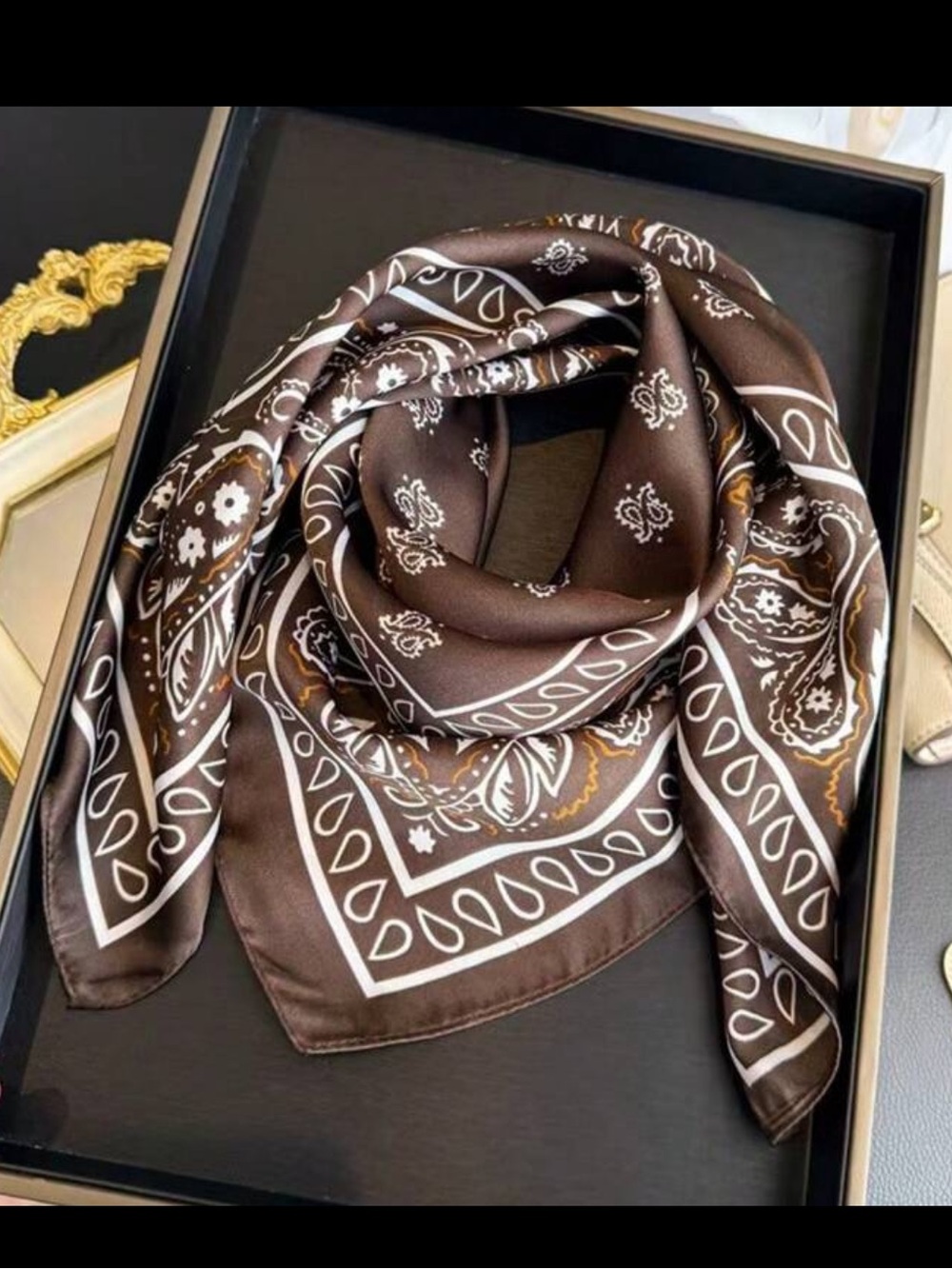 Elegant Brown Paisley Silk-Feel Scarf